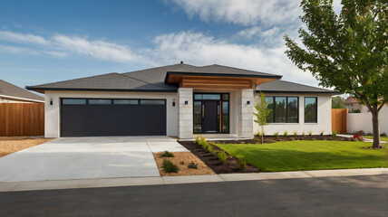 "New Home, Front View" A clean, modern, newly built home, front view. The image features crisp white walls, large glass windows and a landscaped yard bathed in soft daylight.