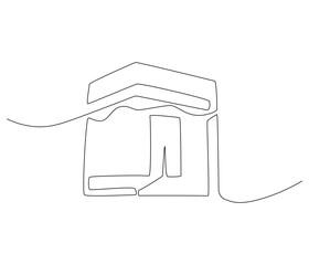 Continuous one line drawing of Kaabah building. Single line drawing illustration of Mecca city islamic holy building. Ramadan kareem concept vector art. Doodle line illustration.