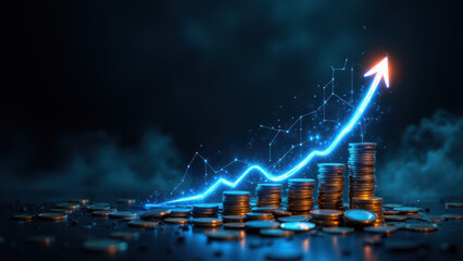 Financial growth visualized with a stack of coins emitting upward-moving sparkles.