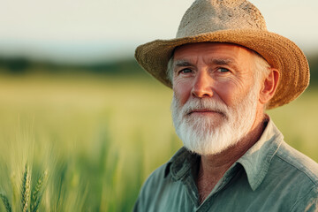 Fototapeta premium Mature Caucasian man with straw hat in wheat field at sunset, peaceful rural portrait