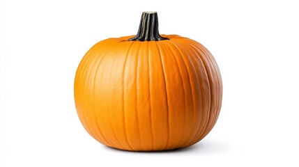 Obraz premium Single ripe orange pumpkin isolated on white background. The pumpkin is round with visible vertical ridges and a dark brown stem. The image is well