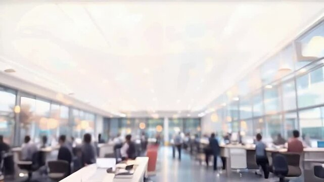 A blurred, dynamic view of a corporate office room, filled with busy professionals engaged in work. The scene captures people moving around, talking in small groups, and typing at desks.