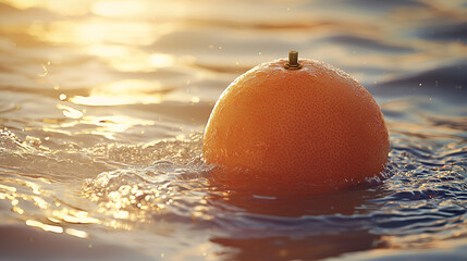Orange floating in sunlit water, a refreshing and unexpected sight. Summer vibes and citrus freshness.