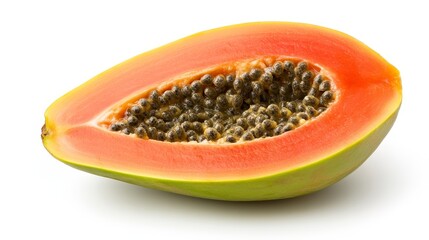 Ripe papaya half with black seeds, vibrant orange flesh, and green skin on a plain background. Close up studio shot of fresh tropical fruit