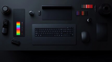 Fototapeta premium Dark desk, keyboard, camera gear, design tools, flatlay