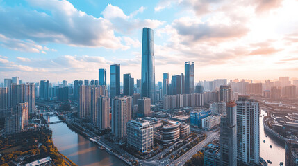 Fototapeta premium A breathtaking aerial view of a modern city skyline, showcasing skyscrapers and urban development. The scene captures the vibrant essence of a bustling metropolitan area at sunset.