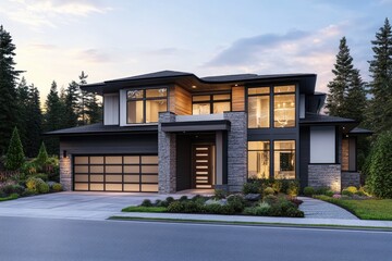 Fototapeta premium Modern Two Story House With Stone Accents And Large Windows