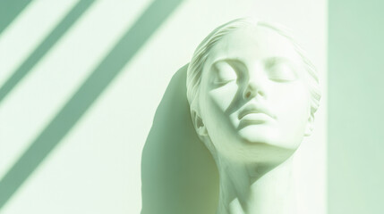 Serene woman sculpture in soft green light with tranquil expression, artistic illustration for calmness concept