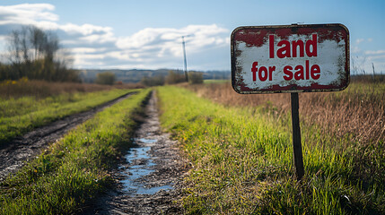 Rustic 'Land for Sale' sign standing on the edge of a muddy dirt road in a countryside landscape