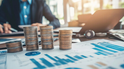 A close-up view of stacked coins on a financial report, highlighting analysis and investment strategy in a modern office setting with a laptop and graphs.