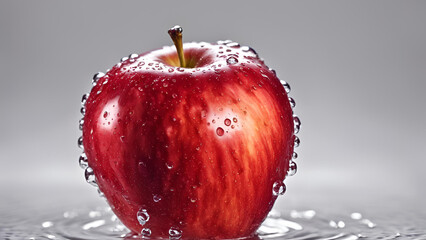 A red apple adorned with water droplets, set against a white background