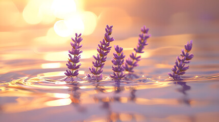 Obraz premium Lavender stems create a calming landscape, with lavender floating on water during a golden sunset.