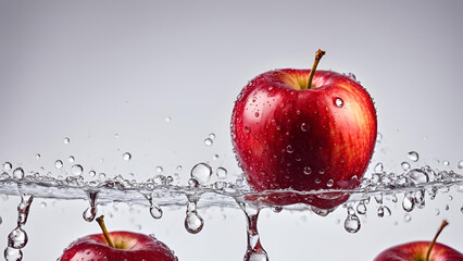 A solitary red apple, embellished with drops of water, positioned on a white surface