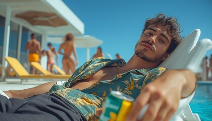 Guy in sunglasses lying on a sun lounger near the pool and drinking soda on vacation