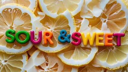 Colorful plastic letters spelling 'Sour & Sweet' atop a vibrant display of sliced lemons, emphasizing their contrasting flavors