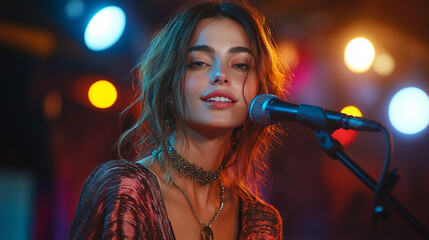 Energized atmosphere fills the room as a talented performer mesmerizes listeners with her enchanting voice. Colorful lights enhance the enchanting vibe of the small stage