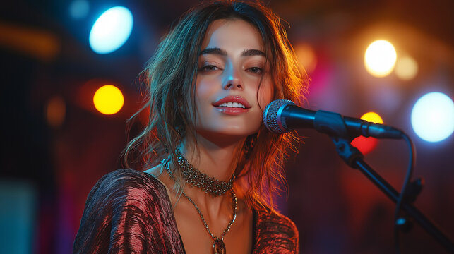 Energized atmosphere fills the room as a talented performer mesmerizes listeners with her enchanting voice. Colorful lights enhance the enchanting vibe of the small stage