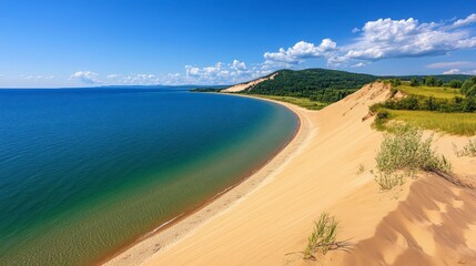 Expansive panoramic view of a sandy beach curving along a clear blue lake under a bright sunny sky. Golden sand meets teal water, vegetation lines