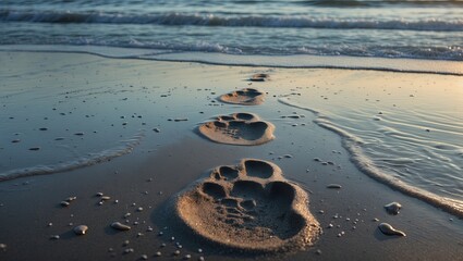Close-up view of sandy footprints leading toward the gentle waves of a beach during sunset, evoking a sense of calm and solitude