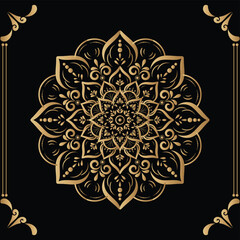 Luxury mandala design black background in gold color