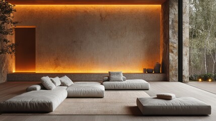 High-end living room with handcrafted clay-textured walls, soft warm lighting