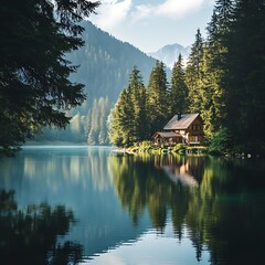Fototapeta premium A Serene Wooden Cabin Reflecting in Mountain Lake.