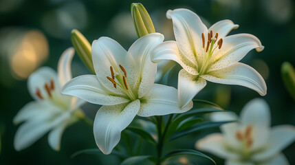 Fototapeta premium Bright white lilies open their delicate petals to the sun, their vibrant stamens contrasting against lush green foliage. The tranquil atmosphere invites a sense of peace and beauty