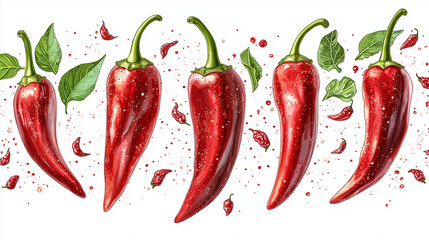 Five bright red chili peppers stand out with their glossy skins, surrounded by splashes of water and green leaves, capturing the essence of freshness and culinary excitement
