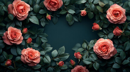 Vibrant coral roses encircle a tranquil space, their lush green leaves enhancing the romantic aura. Perfect for celebrations of love or heartfelt moments shared with others