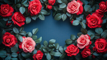 Roses in vivid red and soft pink cluster around a deep blue background, forming a stunning floral frame