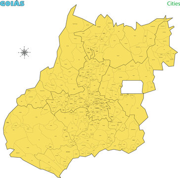 Map of the territory of the state of Goi&aacute;s with divisions by highlighted cities, vector with simple lines of political divisions