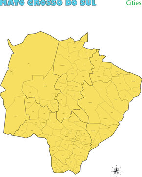 Map of the territory of the state of Mato Grosso do Sul with divisions by highlighted cities, vector with simple lines of political divisions