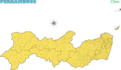 Obraz premium Map of the territory of the state of Pernambucowith divisions by highlighted cities, vector with simple lines of political divisions