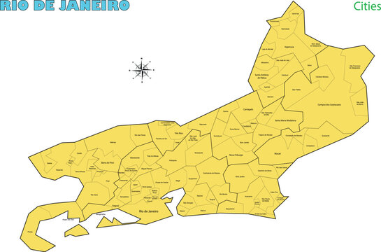 Map of the territory of the state of Rio de Janeiro with divisions by highlighted cities, vector with simple lines of political divisions
