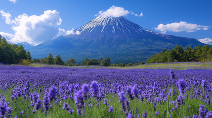 Lavender blooms fill the foreground with rich purple hues, while majestic Mount Fuji towers in the background, its snow-capped peak glistening under a clear blue sky