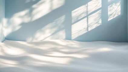 Sunlight shadows on snow-covered floor, light blue wall interior