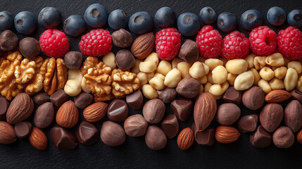 A vibrant arrangement of blueberries, raspberries, walnuts, and various chocolates creates an enticing visual feast