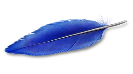 Close up view of a single, vibrant blue feather with intricate texture and a silver shaft, isolated on a plain white background. The feather displays