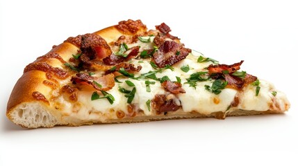 A single slice of pizza with bacon, mozzarella cheese, and herbs on a white background. The pizza has a golden brown crust and is slightly tilted