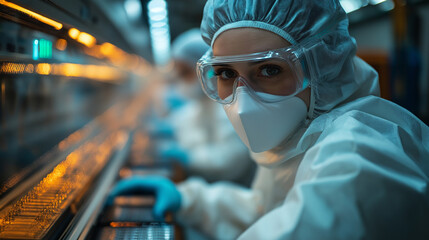 In a modern laboratory, researchers in protective gear are diligently working on complex equipment, highlighting their commitment to scientific discovery and innovation late into the evening