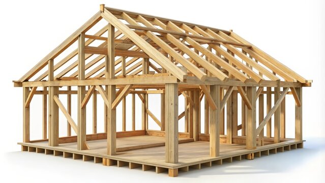 Wooden House Frame, Construction, 3D Render