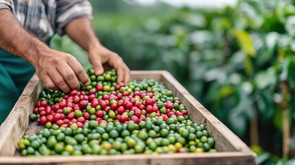 Obraz premium Coffee Agriculture Concept, Farmer Sorting Ripe Coffee Cherries from Green Ones in a Lush Agricultural Setting