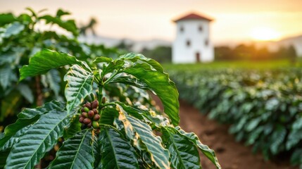 Obraz premium Coffee Agriculture Concept, Rows of Coffee Plants Illuminated by Soft Glow of Sunset in a Lush Agricultural Landscape