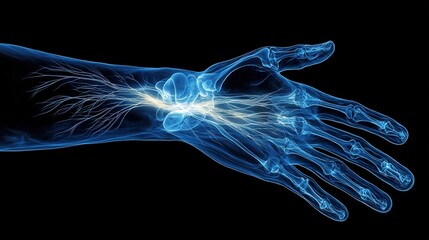 Artistic Representation of Human Hand and Wrist Bones with Nerve Illustration