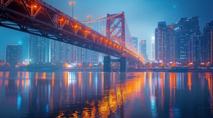 Obraz premium Night Cityscape with Bridge and River Reflections