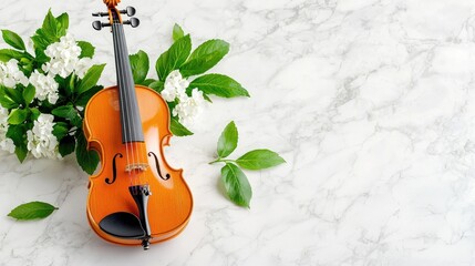Violin with white flowers on marble.  Music, spring, elegance, background