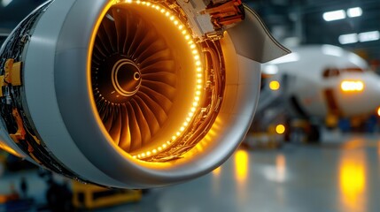 Airplane Maintenance Concept, Close-Up View of Airplane Engine Cover with Detailed Features and Lighting Effects in Background