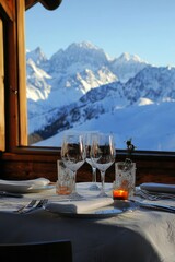 Fototapeta premium Snowy mountain view from a restaurant window.