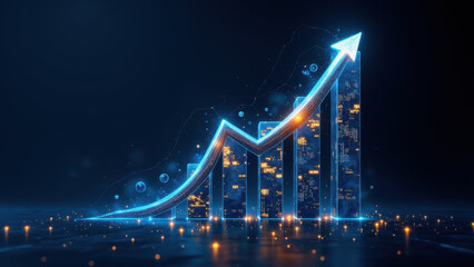 Financial growth symbolized by a large graph with illuminated elements and upward trend lines, set against a cityscape background.