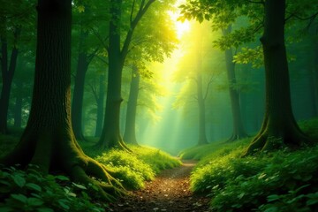 Obraz premium Dense forest with sunlight filtering through trees, foliage, branches